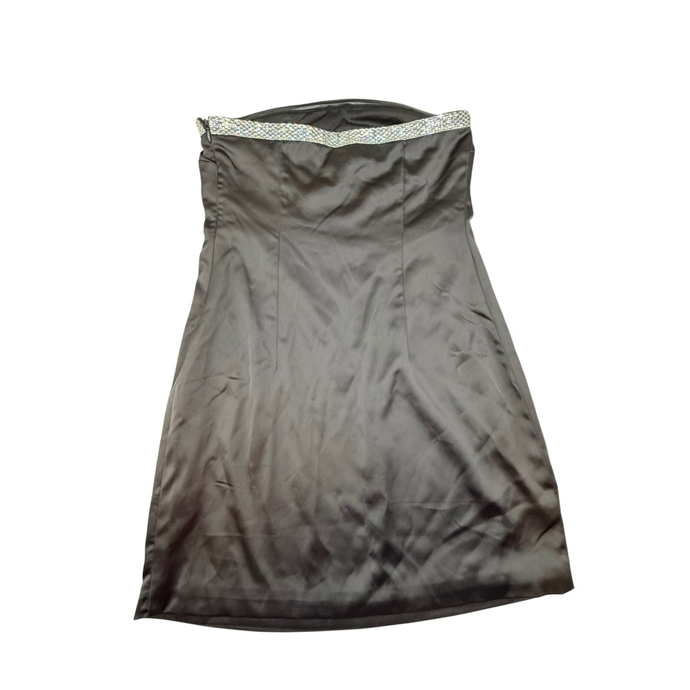Forever 21 Black Satin Strapless Mini Dress Rhinestone Trim Size XS hoco - Picture 2 of 8